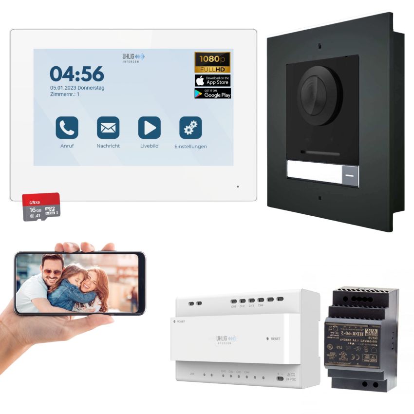 ModuLINE Video Türsprechanlage mit 1x Monitor in weiß und Aufputz Türstation in schwarz